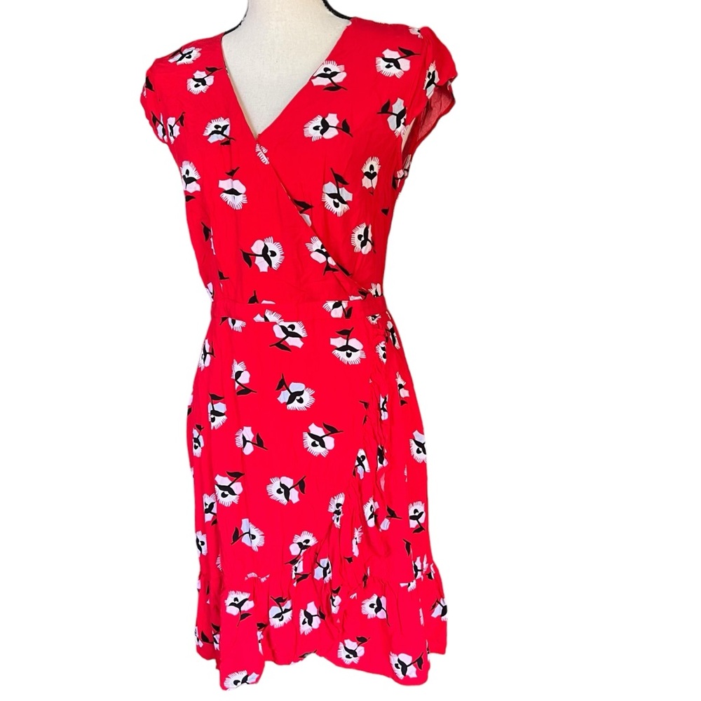 J Crew Red Floral Wrap Style Ruffled V Neck Dress V Neck Women’s Size 6T